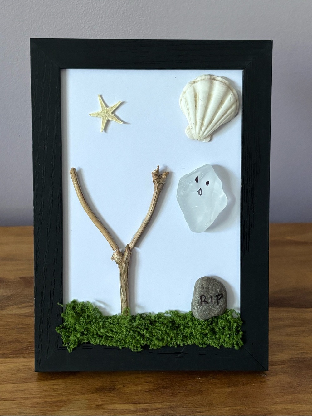 Handcrafted Black Wood Framed Halloween Art - Sea Glass Ghost
